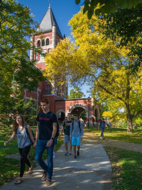 students on campus in the fall