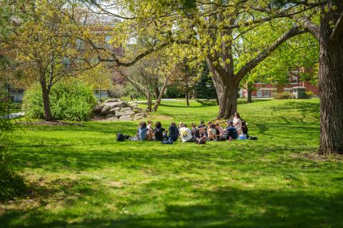 UNH students in outdoor class on T-Hall lawn