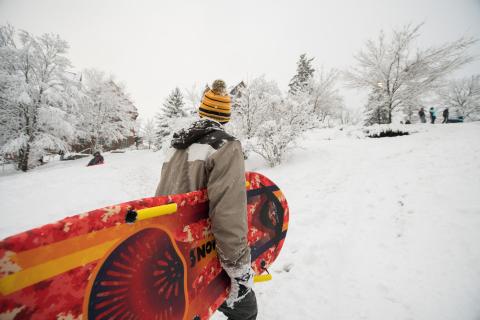 Sledding on campus.