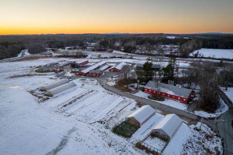 snow on campus dairy farm sunset