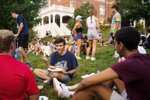 UNH students hanging out in the Fishbowl