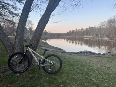 My bike on the bank of the Oyster River at Old Landing Park.