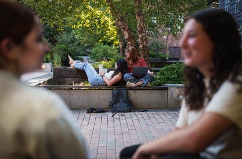 UNH students studying outdoors on campus
