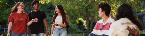 Group of students talking while walking on campus