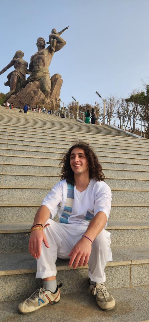 Taking a rest break halfway up the stairs to the African Renaissance Monument.